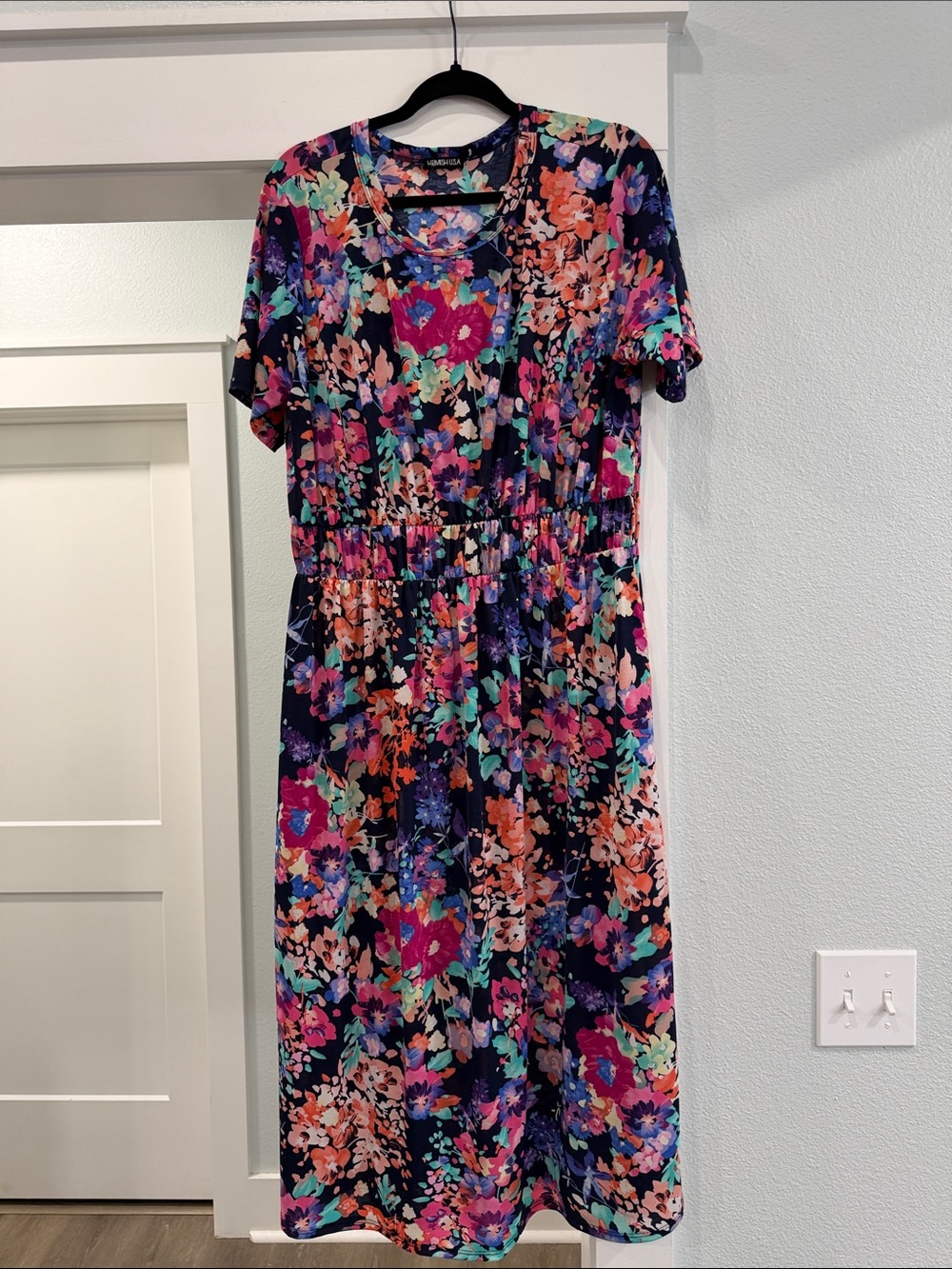 HEIMISH USA Navy Floral Midi Dress with Pink, Coral & Teal with Pockets